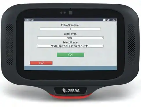 Zebra CC6000 kiosk showing the label type and printer selection screen