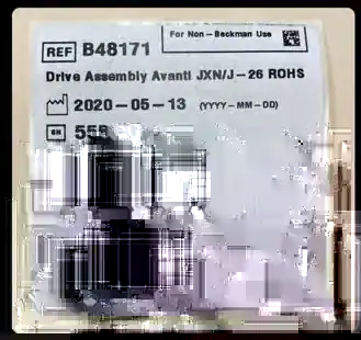 Printed product label with reference number, date, serial number, and barcodes