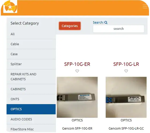 Desktop view of the custom web ordering application showing product categories and SFP optics parts