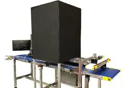 Vision inspection tunnel with conveyor, monitor, and reject station