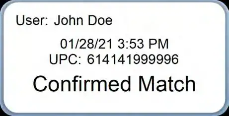 Printed verification label reading Confirmed Match with user, date, and UPC
