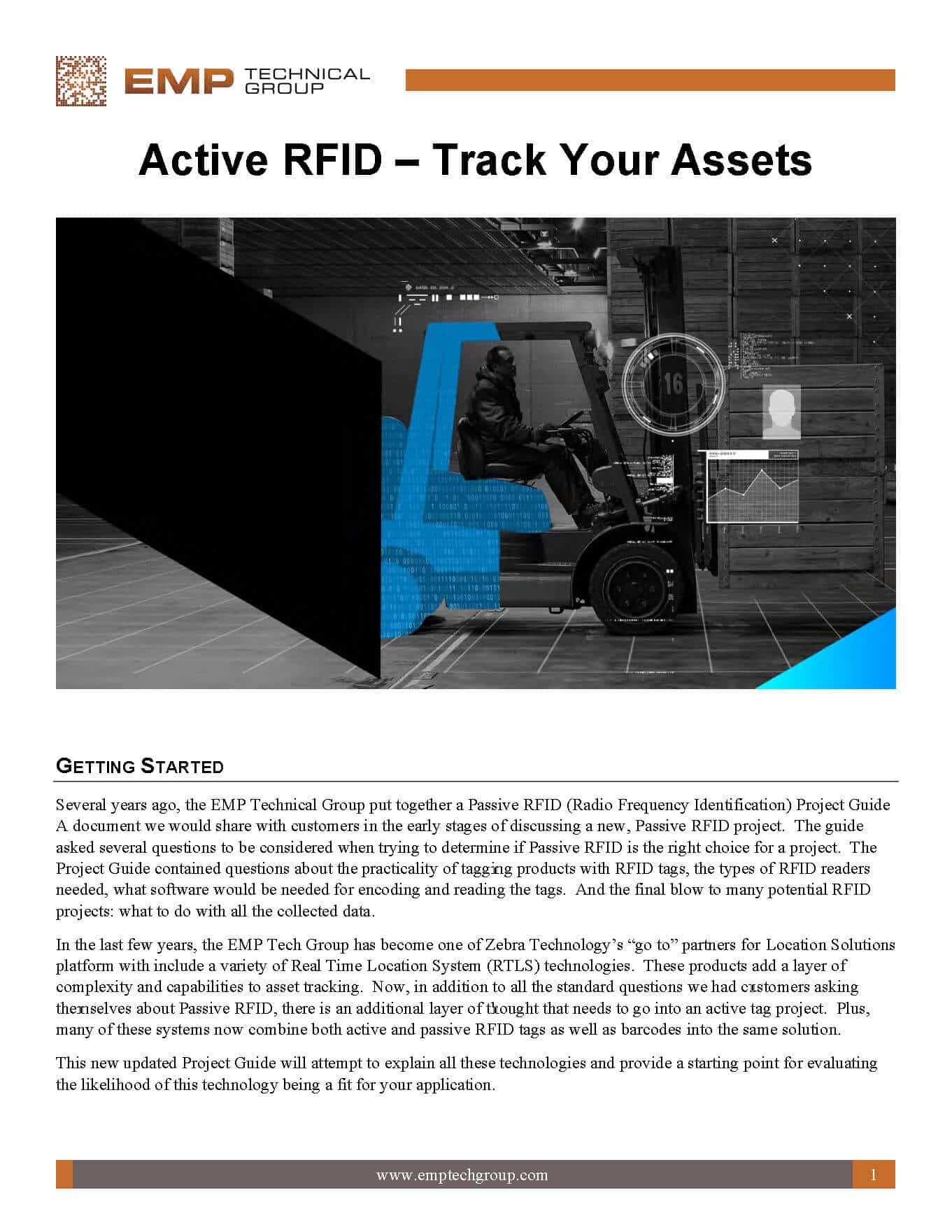 First page of the EMP project guide Active RFID Track Your Assets with a forklift in a warehouse