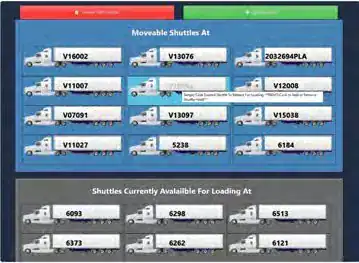Application screen listing moveable shuttles and shuttles available for loading