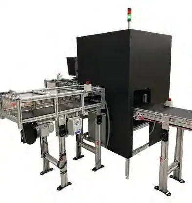 Circuit board vision inspection station with conveyor, enclosure, and stack light