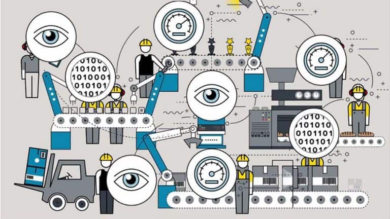 Illustration of a factory line with conveyors, workers, gauges, and data flowing between machines