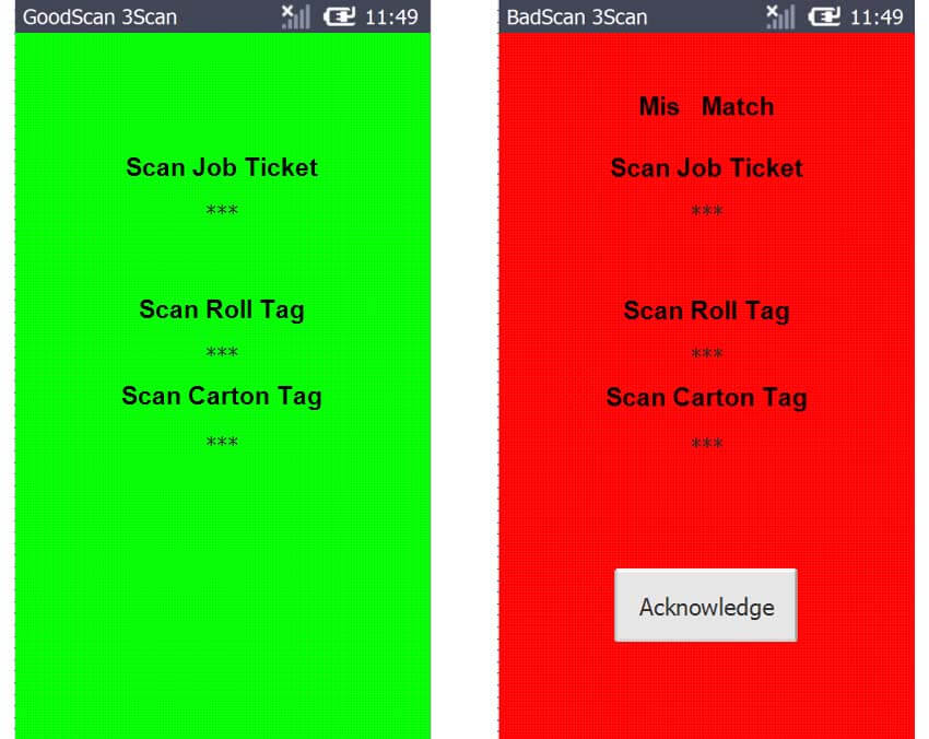 Side-by-side comparison of barcode match to mismatch