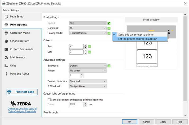 Example of the printer menu sending down forced printer settings. 