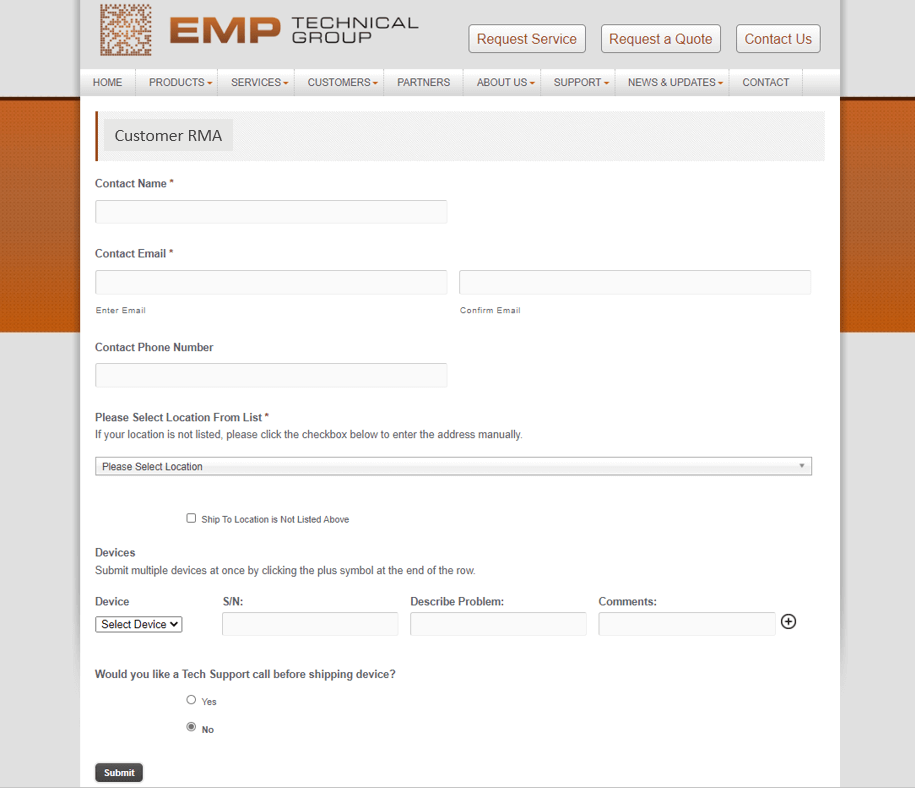 EMPCare RMA Portal screenshot