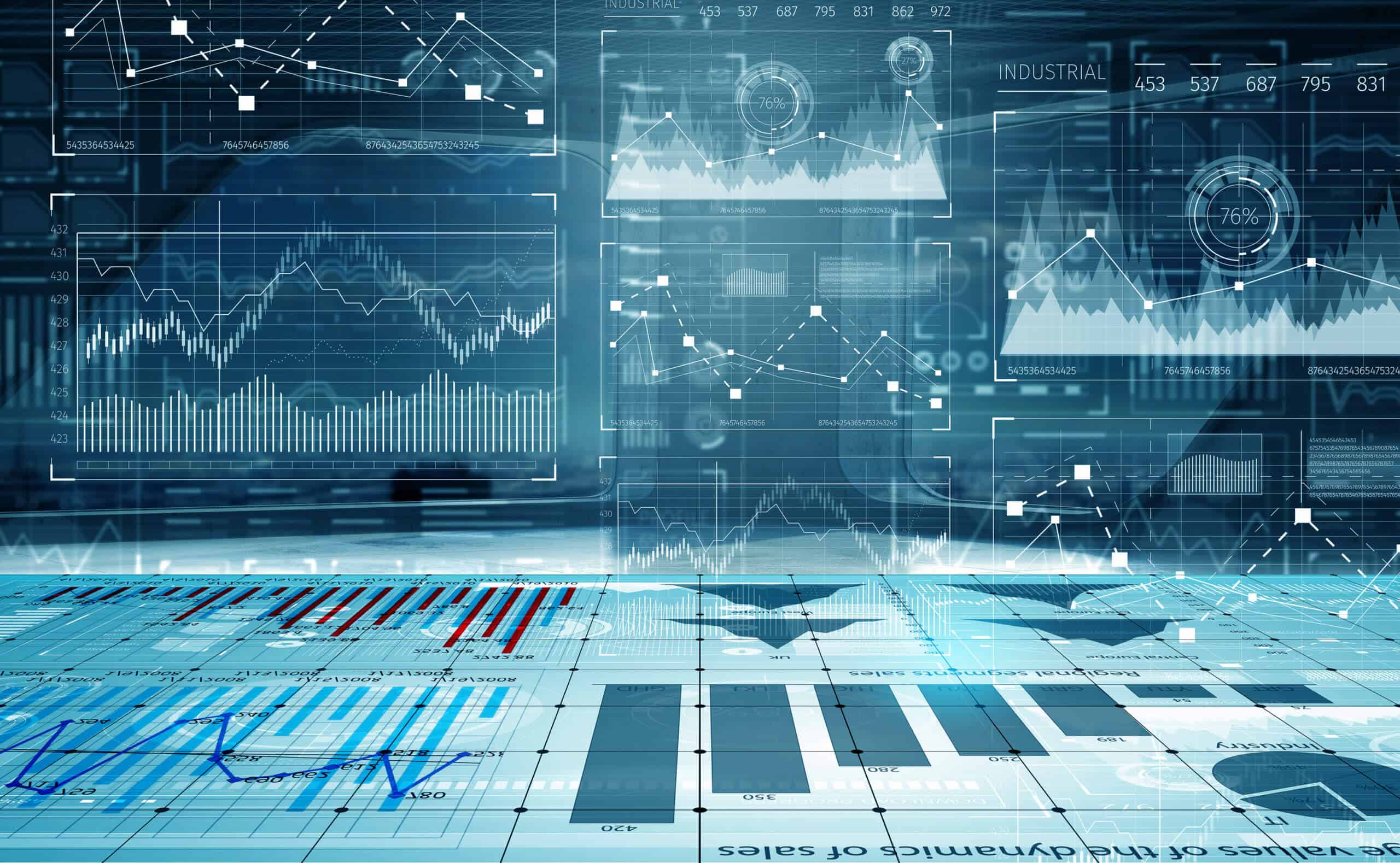 Blue futuristic industrial data dashboard with charts and graphs