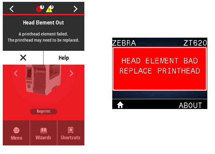 Zebra printhead element out warning screens