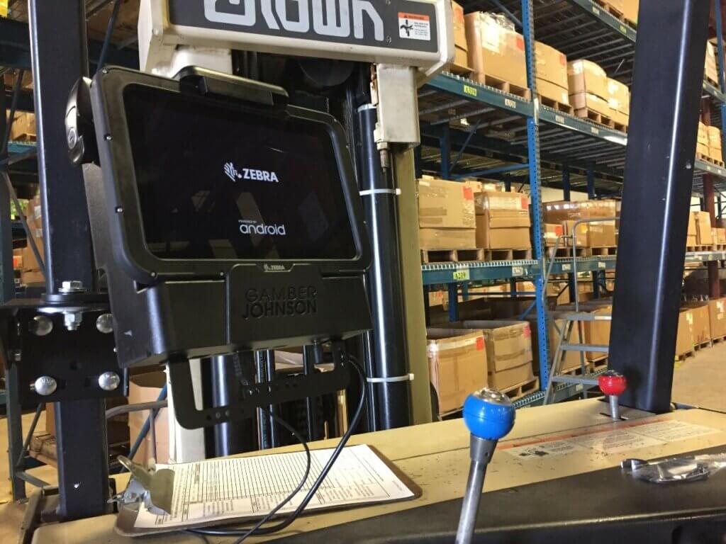 Zebra tablet on forklift with Gamber Johnson mount