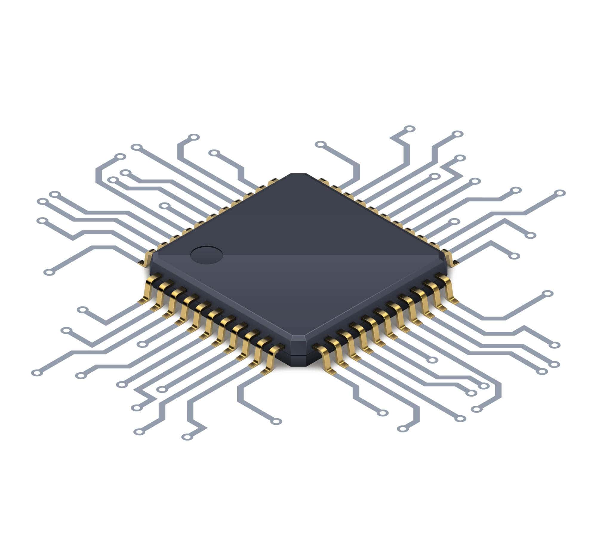 Illustration of a computer chip with circuit traces fanning out