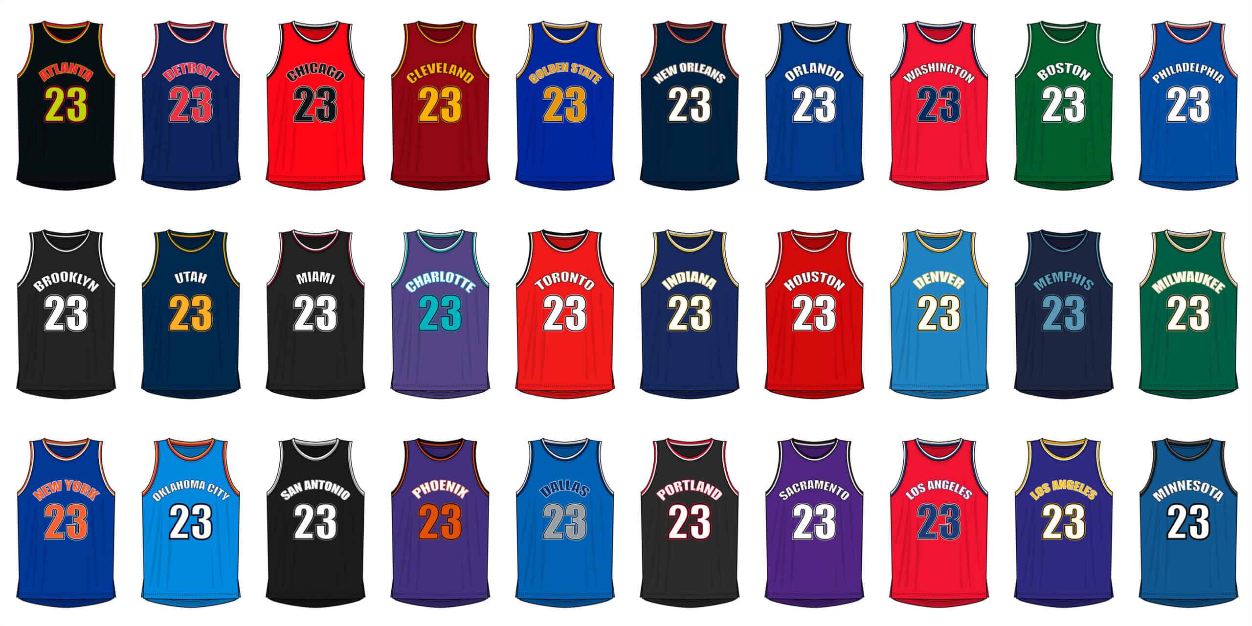 Grid of 30 NBA team jerseys all numbered 23