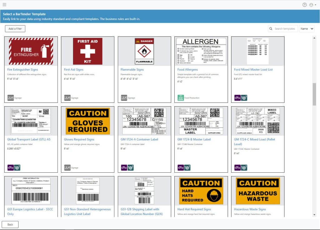 BarTender Cloud Label Template Library Screenshot
