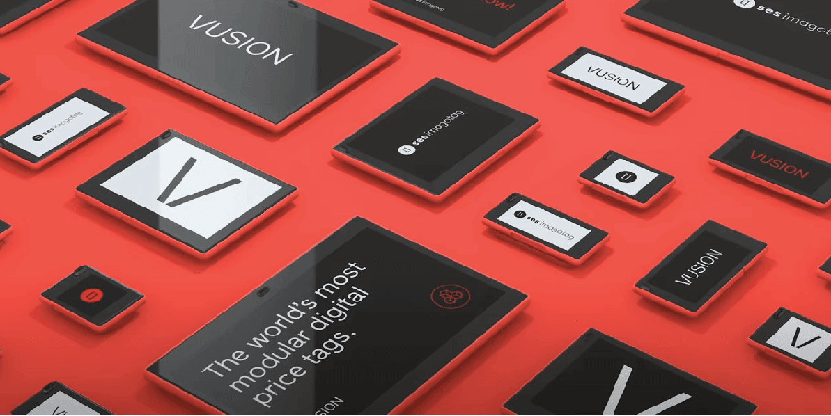 Vusion electronic shelf labels of various sizes laid out on a red background
