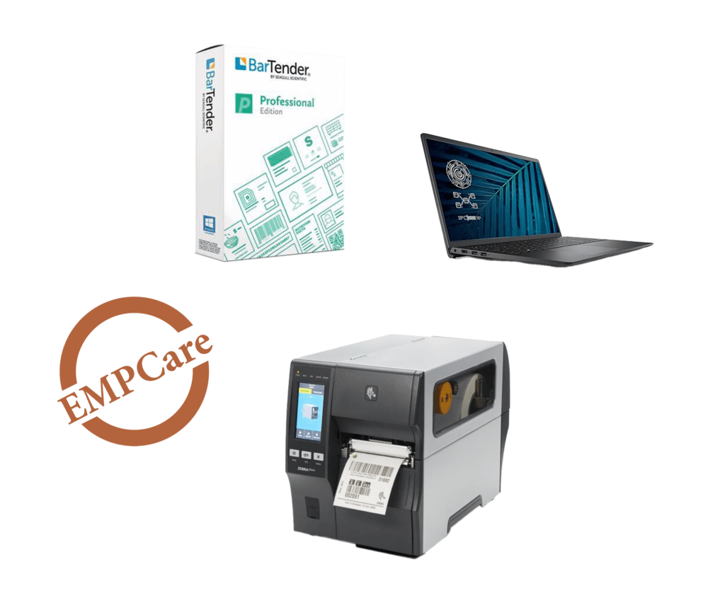 BarTender, Laptop, ZT411 Printer, and EMP Care