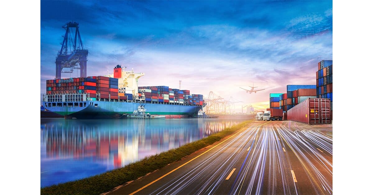 A sea port with supply tankers, airplanes, cargo containers, and trucks