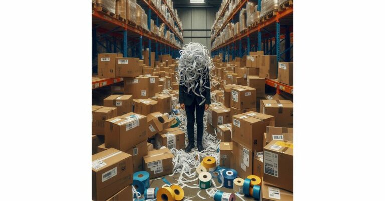 Man in warehouse wrapped in shipping labels