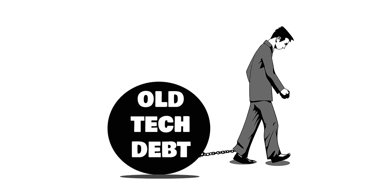 A man pulling a ball and chain behind him with the ball labeled as "Old Tech Debt"