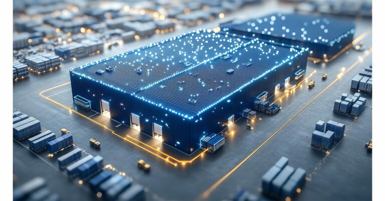 Aerial view looking over a warehouse with lights and dots from tracking devices