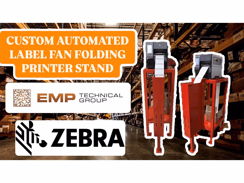 Custom Automated Label Fan Folding Printer Stand graphic with two red stands holding Zebra industrial printers