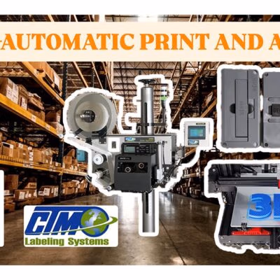 Semi-Automatic Print and Apply graphic with a CTM label applicator, Zebra print engine, and a 3D printer