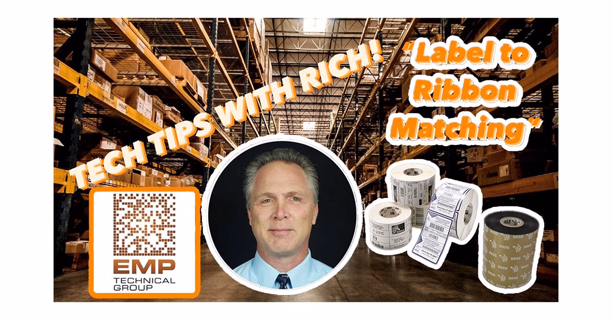 Tech tip graphic: Label to Ribbon Matching with Rich, showing label rolls and a thermal ribbon in a warehouse