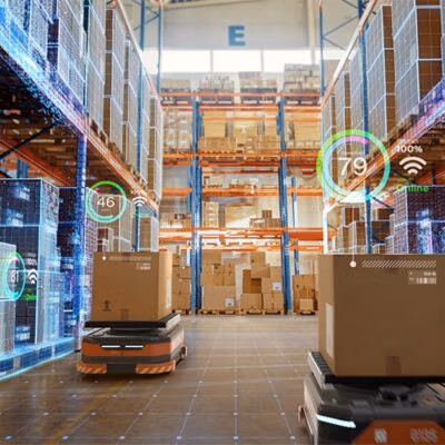 Robots carrying packages in the warehouse