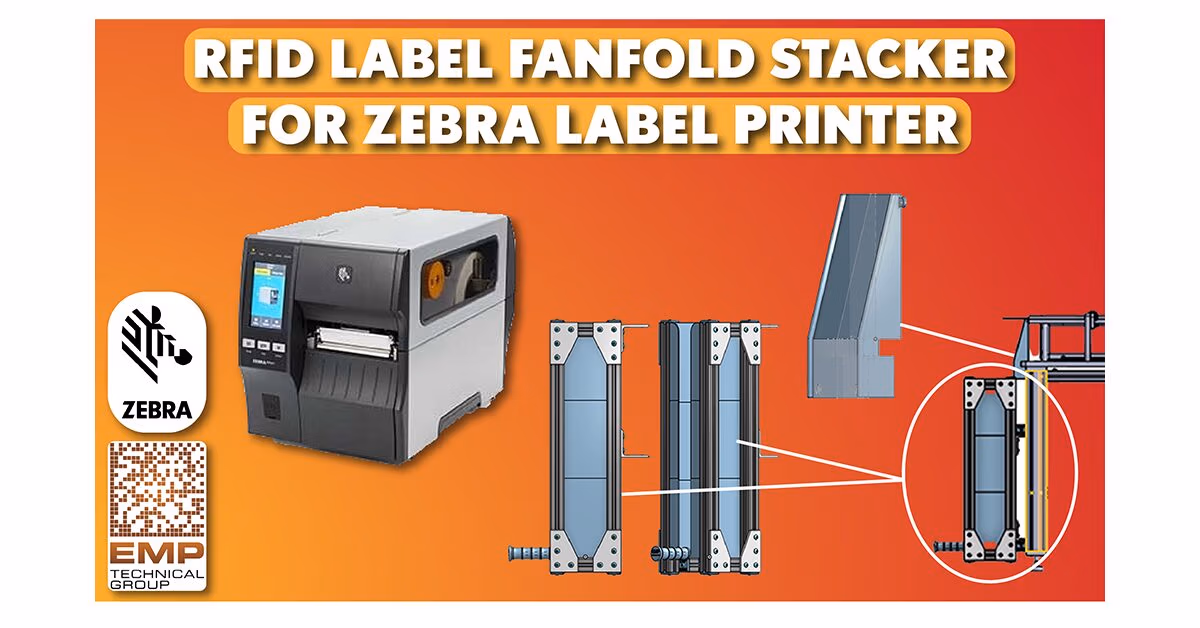 RFID Label Fanfold Stacker for Zebra Label Printer graphic with a Zebra industrial printer and stacker tray drawings