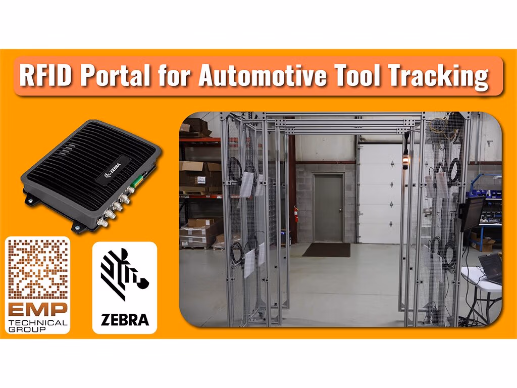 RFID Portal for Automotive Tool Tracking graphic with a Zebra fixed reader and an aluminum frame portal with antennas