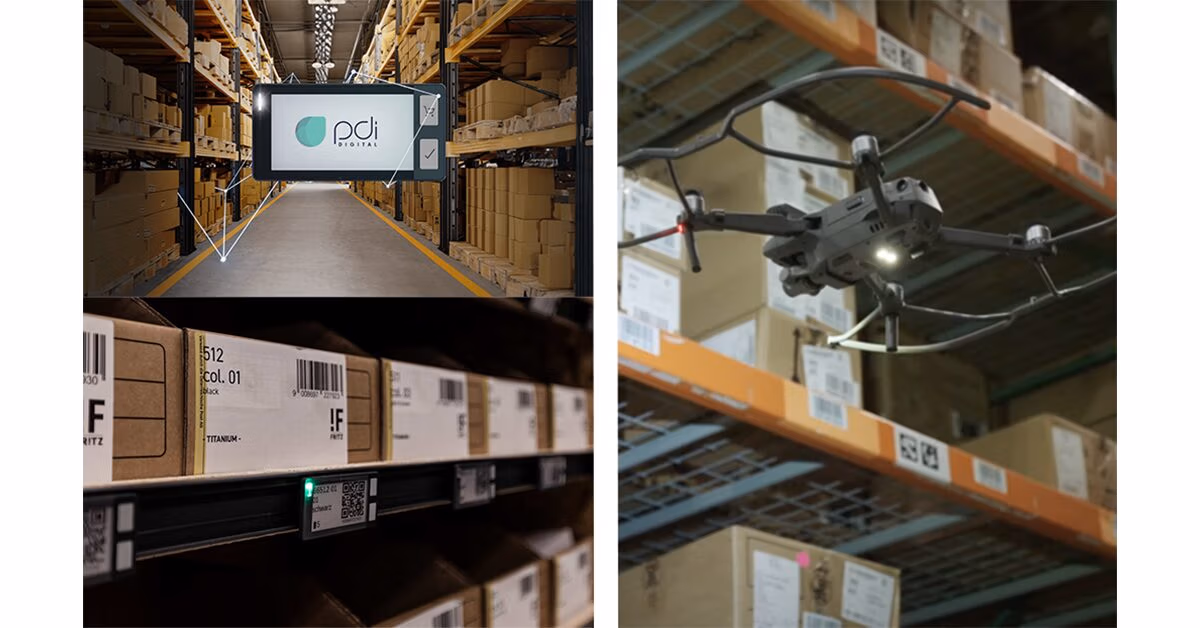 Collage of a warehouse inventory drone, electronic shelf labels on racking, and a PDI Digital display