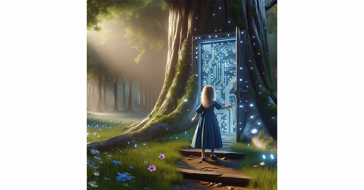 Illustration of a girl opening a glowing circuit-board door in a tree in the forest