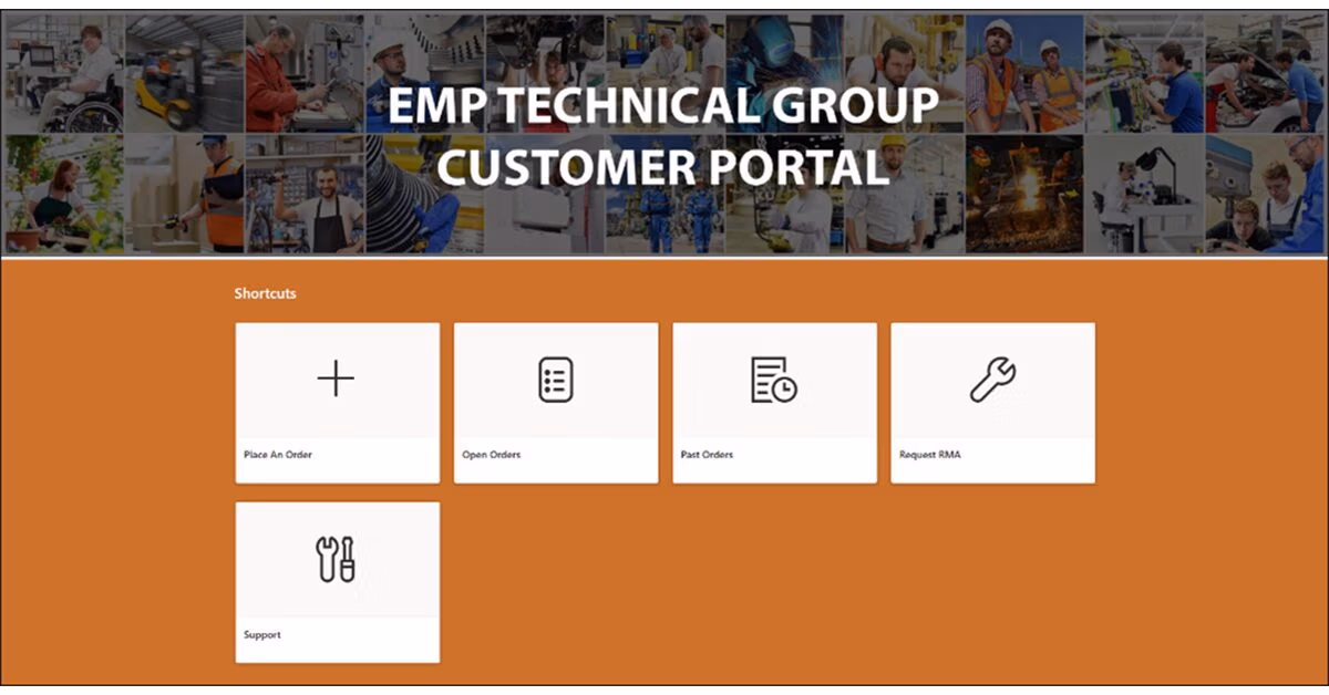 EMP Technical Group customer portal home screen with shortcut tiles for orders, RMAs, and support
