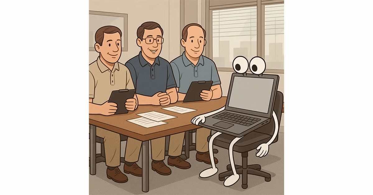 A company interviewing a laptop with eyes, legs, and arms