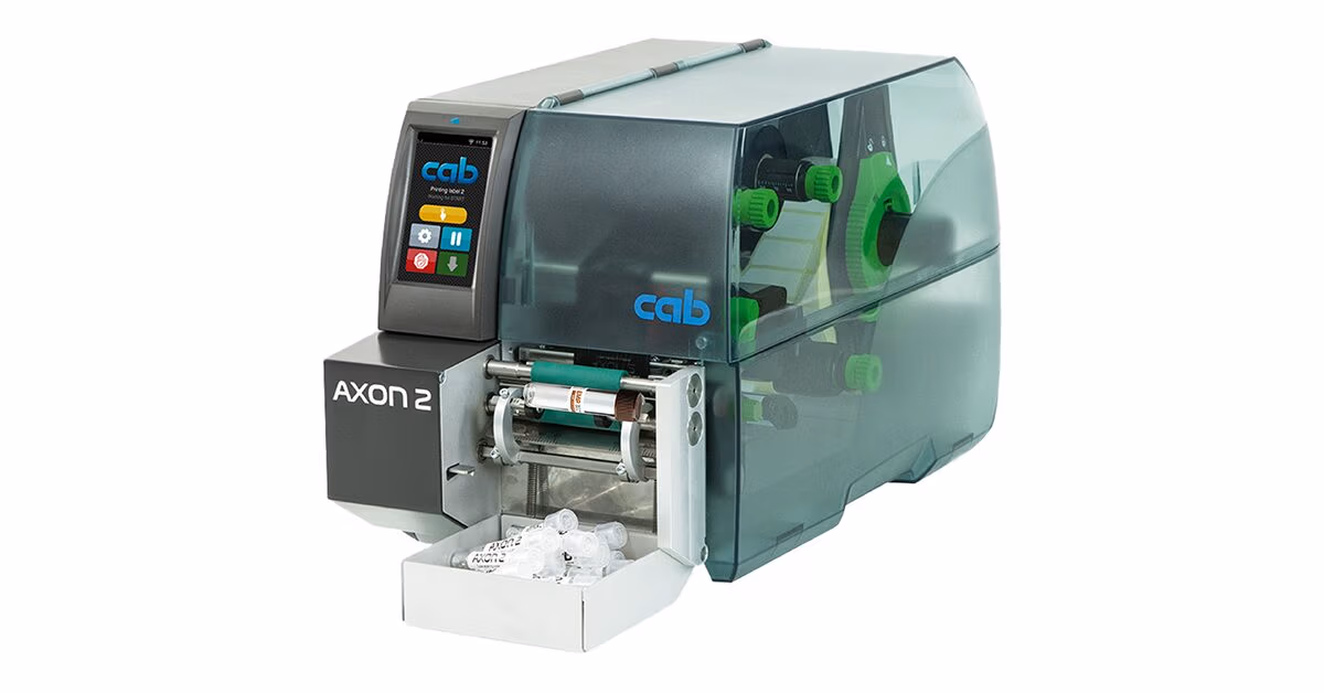 cab AXON 2 vial labeling machine with a touchscreen and green label roll