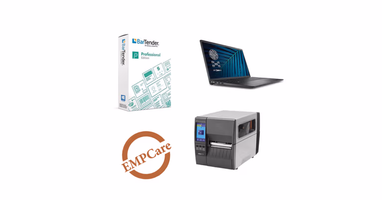 Label printing starter kit with BarTender Professional software, a laptop, a Zebra industrial printer, and EMPCare badge