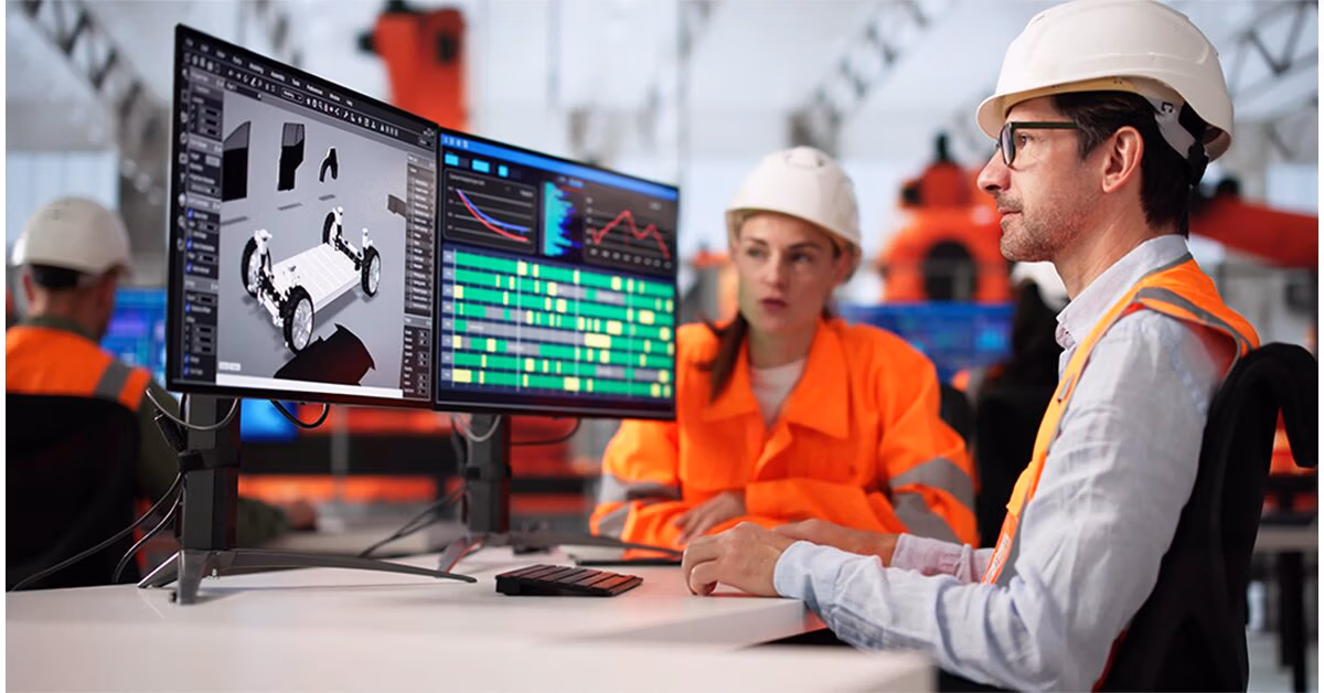 Engineers in hard hats reviewing a vehicle CAD model and production dashboard on a wide monitor