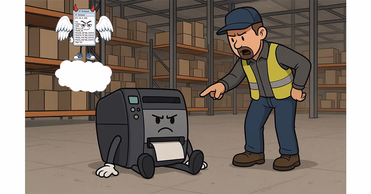 Cartoon of a frustrated warehouse worker scolding a grumpy label printer while a label format floats above it