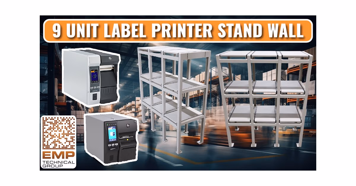 9 Unit Label Printer Stand Wall graphic with Zebra industrial printers and a three-tier metal printer rack