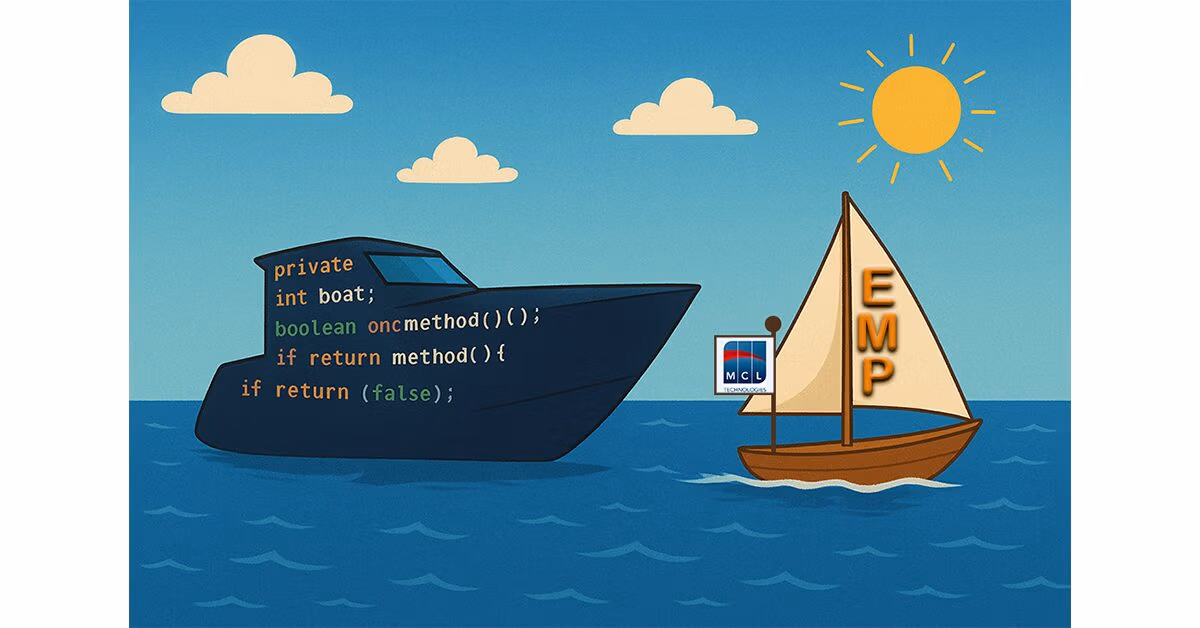 A coded boat drifting behind a fast paced sailboat with the letters EMP on the sail.