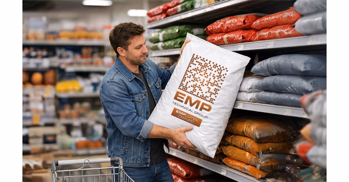 Man picking out dog food at grocery store with EMP logo on the bag.