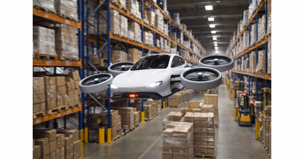 Flying hovercraft car in a warehouse