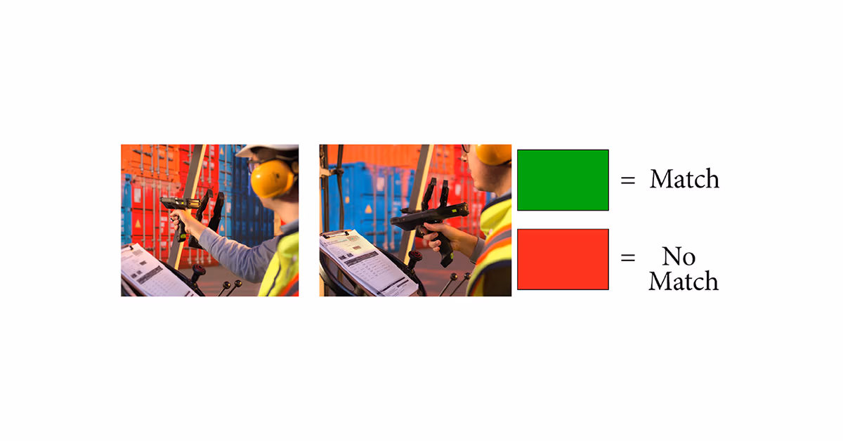 Worker scanning shipping containers with a handheld scanner; a green box means match and a red box means no match