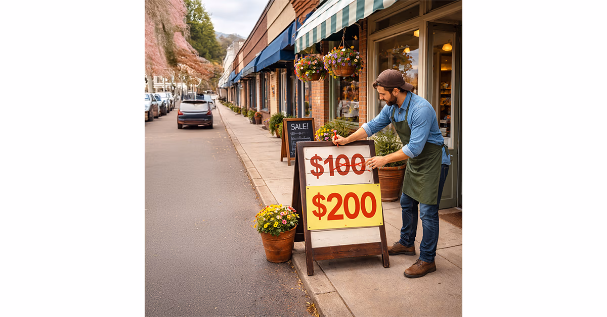 Shop owner on a sidewalk changing a sandwich board price sign from $100 to $200