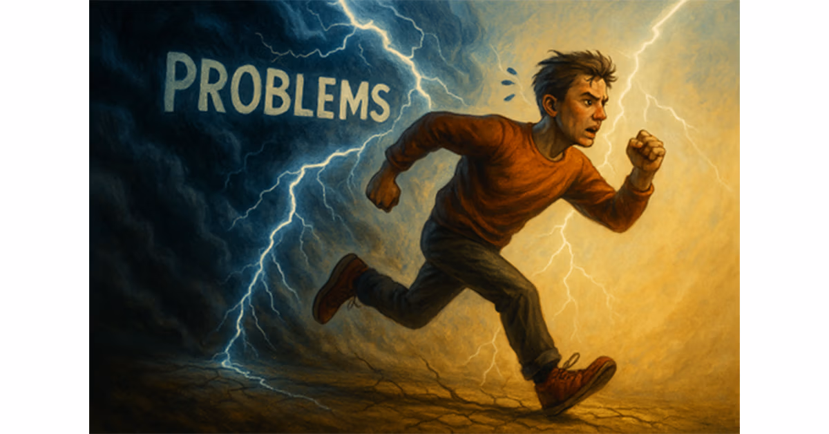 Illustration of a man running away from a storm cloud labeled Problems
