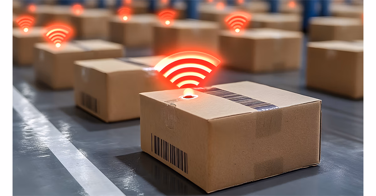 Cardboard boxes on a warehouse floor each marked with a glowing wireless signal icon
