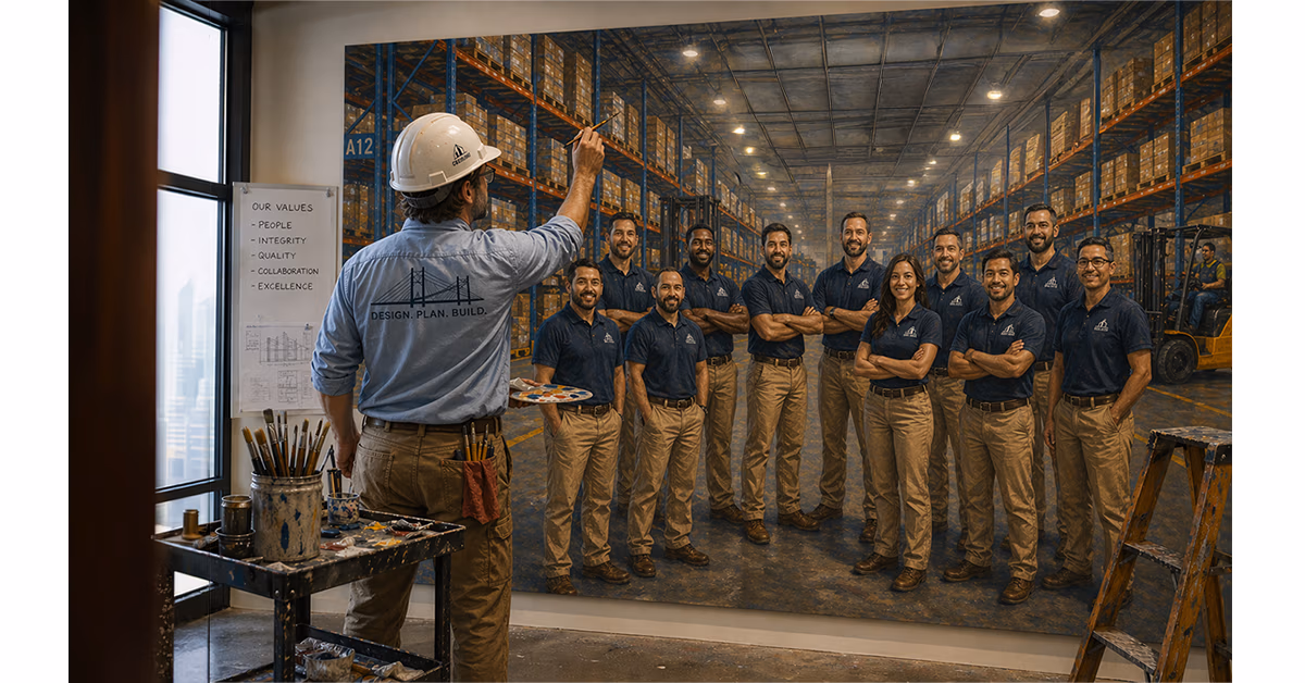 Painter in a hard hat finishing a mural of a warehouse team standing with arms crossed