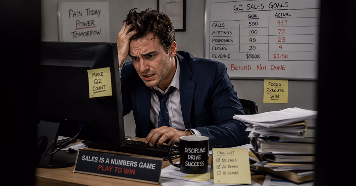 Stressed salesperson at a desk in front of a whiteboard of quarterly sales goals and quota slogans
