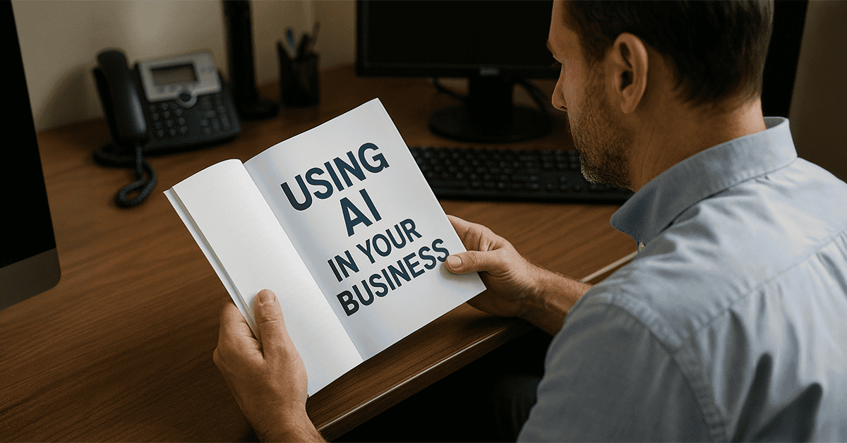 Man at a desk reading a booklet titled Using AI in Your Business