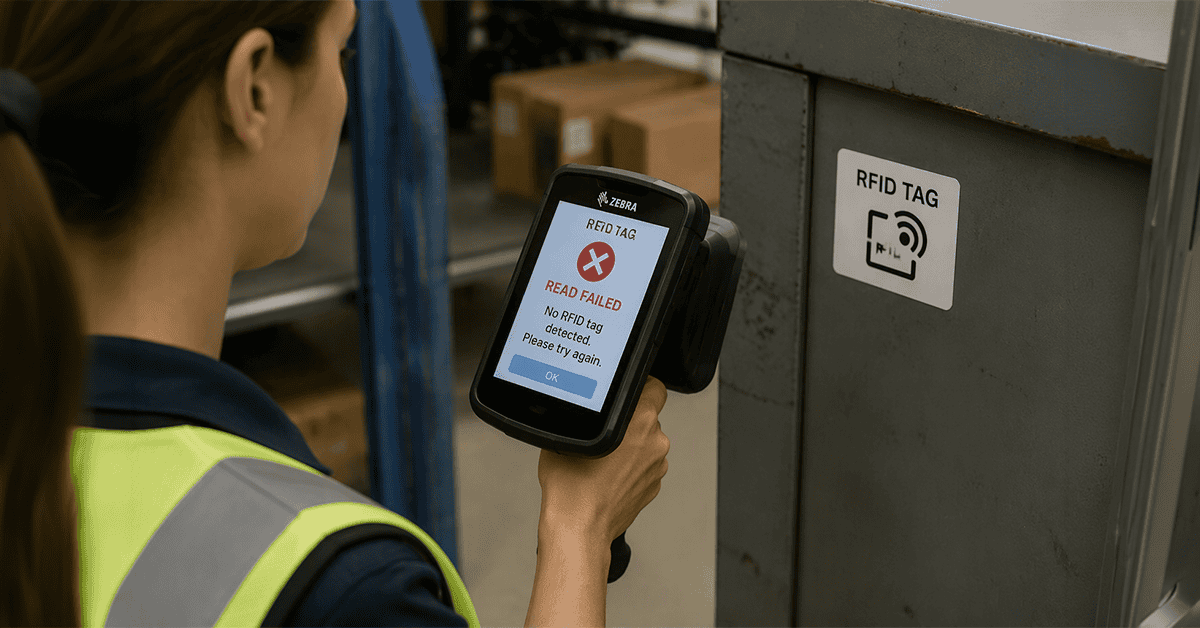 Warehouse worker holding a Zebra RFID handheld reader showing a Read Failed, no RFID tag detected message